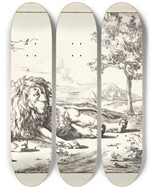 Triptych art skateboard deck of Marcus De Bye Liggende Lve Set Forfra by Marcus de Bye (1638-1688)