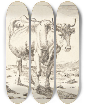 Triptych art skateboard deck of Marcus De Bye Stende Ko Set Forfra by Marcus de Bye (1638-1688)