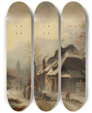 Triptych art skateboard deck of Anton Doll Winterliche Dorfansicht by Anton Doll (1826-1887)