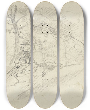 Triptych art skateboard deck of Philipp Rumpf Mdchen Im Freien Sitzend by Philipp Rumpf (1821-1896)