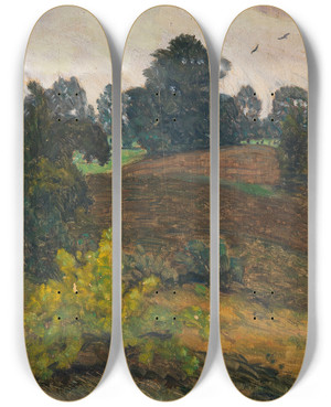 Triptych art skateboard deck of Otto Modersohn Strmischer Tag Ber Der Heide by Otto Modersohn (1865-1943)