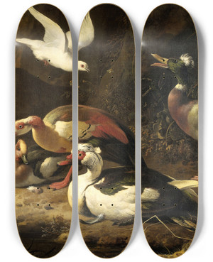 Triptych art skateboard deck of Melchior Dhondecoeter Ducks by Melchior d'Hondecoeter (1636-1695)