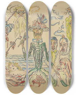 Triptych art skateboard deck of James Ensor De Kokette Dood Maskers_1 by James Ensor (1860-1949)