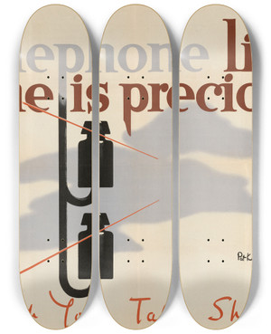 Triptych art skateboard deck of Pat Keely Telephone Line Time Is Precious Keep Your Talks Short by Pat Keely (1901-1970)