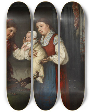 Triptych art skateboard deck of Adolf Von Becker Presenting The Baby by Adolf Von Becker (1831-1909)