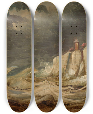 Triptych art skateboard deck of Johannes Tavenraat Storms On The Coast by Johannes Tavenraat (1809-1881)