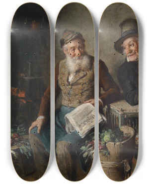 Triptych art skateboard deck of Hermann Kern Gute Freunde by Hermann Kern (1838-1912)