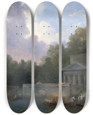 Triptych art skateboard deck of Hubert Robert Park Scene by Hubert Robert (1733-1808)