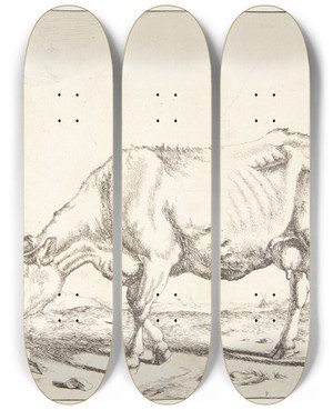 Triptych art skateboard deck of Marcus De Bye Grssende Ko by Marcus de Bye (1638-1688)