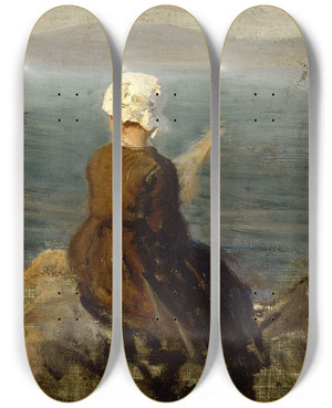 Triptych art skateboard deck of Jules Breton Fileuse Sur Les Rochers Douarnenez by Jules Breton (1827-1906)