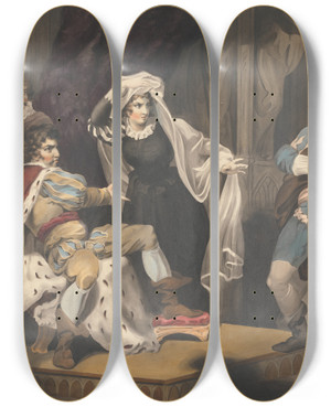 Triptych art skateboard deck of Richard Westall Theatrical Figures About A Throne by Richard Westall (1765-1836)