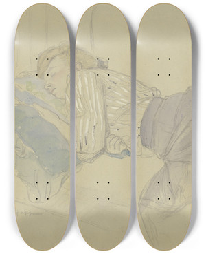 Triptych art skateboard deck of Jacob Happ Sleeping Young Woman by Jacob Happ (1861-1936)
