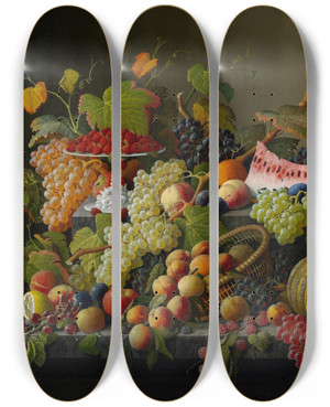 Triptych art skateboard deck of Severin Roesen Abundant Fruit by Severin Roesen (1816-1872)