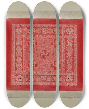 Triptych art skateboard deck of Arthur G Merkley Red And White Napkin by Arthur G Merkley