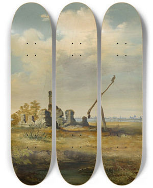 Triptych art skateboard deck of Vojtech Klimkovi Ruins Of Csrda by Vojtech Klimkovic (1833-1885)