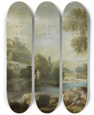 Triptych art skateboard deck of Giuseppe Zais Landscape With Figures_1 by Giuseppe Zais (1709-1781)