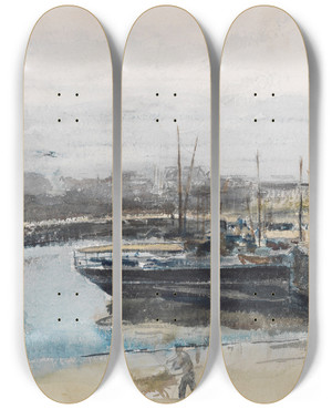 Triptych art skateboard deck of Max Liebermann Quai In Hamburg by Max Liebermann (1847-1935)