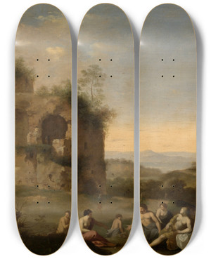 Triptych art skateboard deck of Cornelis Van Poelenburch Landscape With A Ruin by Cornelis Van Poelenburch (1594-1667)