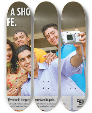 Triptych art skateboard deck of Bureau Of The Census Hispanic Targeted Poster by Bureau Of The Census (1902)