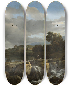 Triptych art skateboard deck of Jacob Van Ruisdael Landscape With Cascade_2 by Jacob Van Ruisdael (1628-1682)