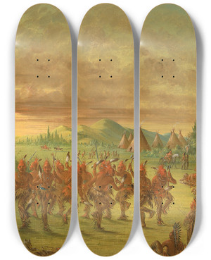 Triptych art skateboard deck of George Catlin Eagle Dance by George Catlin (1796-1872)