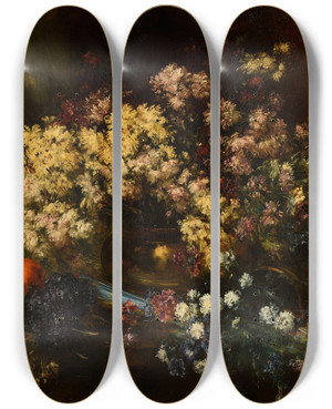 Triptych art skateboard deck of Antoine Vollon Chrysanthmes by Antoine Vollon (1833-1900)