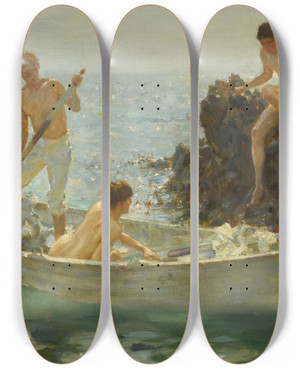 Triptych art skateboard deck of Henry Scott Tuke The Bathing Cove by Henry Scott Tuke (1858-1929)
