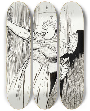 Triptych art skateboard deck of Albert Engstrm Old Lena From Knifvatorp by Albert Engstrom (1869-1940)