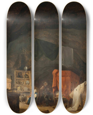 Triptych art skateboard deck of Hubert Robert A Family In A Cave Interior by Hubert Robert (1733-1808)