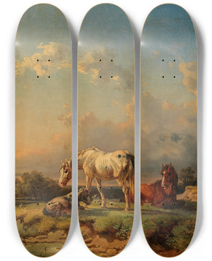 Triptych art skateboard deck of Adolf Van Der Venne Horses Resting By A River by Adolf van der Venne (1828-1911)