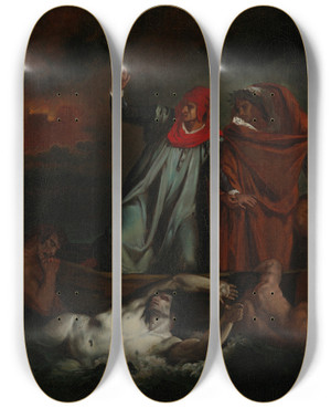 Triptych art skateboard deck of Adolf Von Becker Dante And Virgil In Hell by Adolf Von Becker (1831-1909)