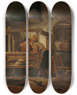 Triptych art skateboard deck of Cornelis Gerritsz Decker Weavers Workshop by Cornelis Gerritsz Decker (1618-1678)