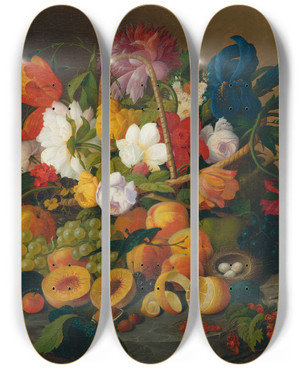 Triptych art skateboard deck of Severin Roesen Fruit And Flowers by Severin Roesen (1816-1872)