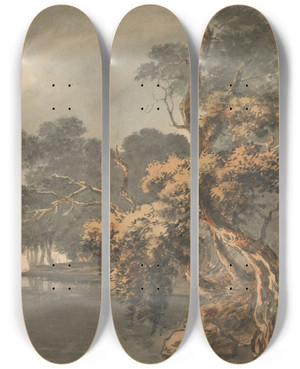 Triptych art skateboard deck of Joseph Barber Autumn Trees By A Lake by Joseph Barber (1757-1811)