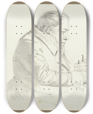 Triptych art skateboard deck of Friedrich Mosbrugger  Man At The Chess Board by Friedrich Mosbrugger (1804-1830)