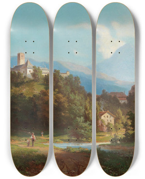 Triptych art skateboard deck of Josef Willroider Ansicht Einer Burg by Josef Willroider (1838-1915)
