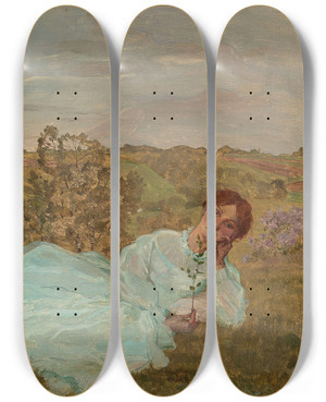 Triptych art skateboard deck of Konstantin Andreevich Somov Repose At Sunset by Konstantin Andreevich Somov (1869-1939)