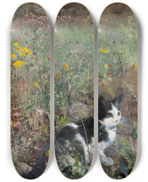 Triptych art skateboard deck of Bruno Liljefors Cat On A Flowery Meadow by Bruno Liljefors (1860-1939)