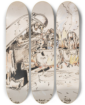 Triptych art skateboard deck of Wilhelm Busch Die Bestrafung Der Unartigen Kinder Max Moritz by Wilhelm Busch (1832-1908)