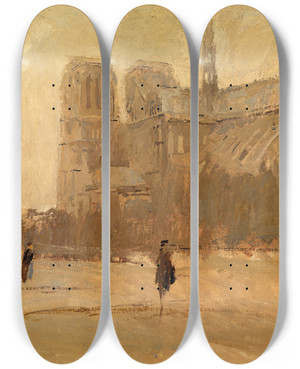Triptych art skateboard deck of Frank Edwin Scott Notre Dame No I by Frank Edwin Scott (1863-1929)