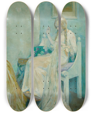 Triptych art skateboard deck of Adele Von Finck Two Ladies Sewing by Adele Von Finck (1879-1943)
