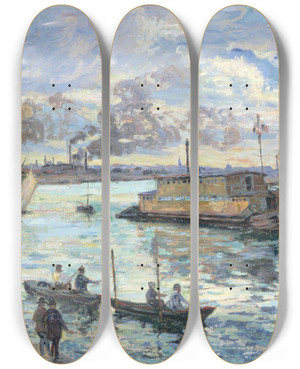 Triptych art skateboard deck of Armand Guillaumin River Scene by Armand Guillaumin (1841-1927)