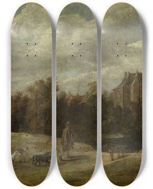 Triptych art skateboard deck of David Teniers The Younger Returning From The Hunt by David Teniers The Younger (1610-1690)