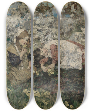 Triptych art skateboard deck of Edward Atkinson Hornel Idyl In Spring by Edward Atkinson Hornel (1864-1933)