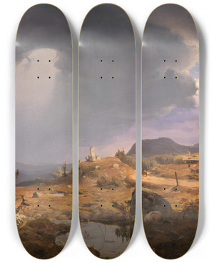 Triptych art skateboard deck of Andreas Achenbach Norwegian Landscape by Andreas Achenbach (1815-1910)