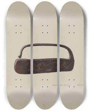 Triptych art skateboard deck of Henrietta S Hukill Flint Striker by Henrietta S Hukill