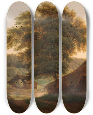 Triptych art skateboard deck of Antonn Mnes A Landscape With A Tree by Antonin Manes