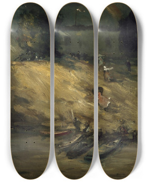Triptych art skateboard deck of Robert Henri Sudden Shower by Robert Henri (1865-1929)