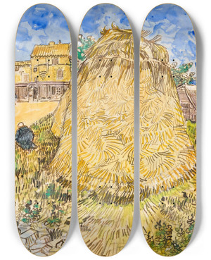 Triptych art skateboard deck of Vincent Van Gogh Meules De Bl by Vincent van Gogh (1853-1890)