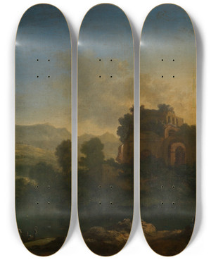 Triptych art skateboard deck of Karel Dujardin Sdliche Landschaft Mit Ruine by Karel Dujardin (1622-1678)
